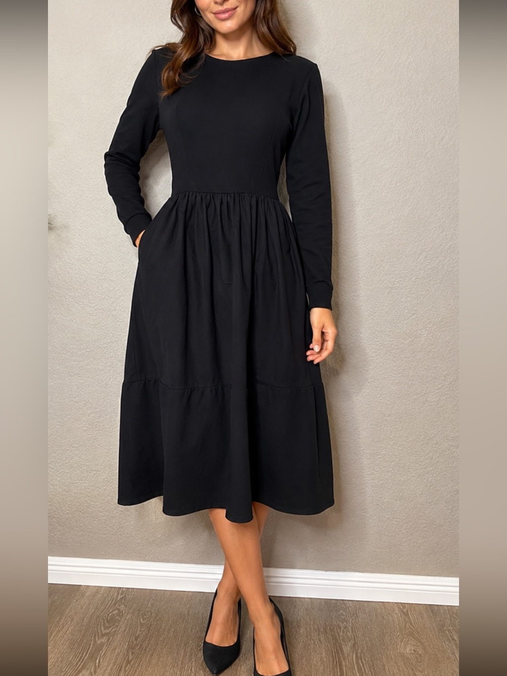 Zara Women’s Black Midi Dress M Long Sleeve Fit & Flare Stretch Bodice